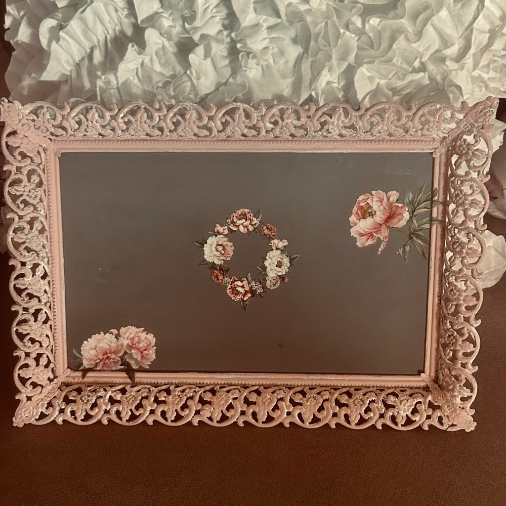 Gorgeous Vintage Pink Roses Brass metal glass serving or Vanity Tray Upcycled